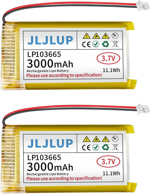 JLJLUP 2Pcs 3.7V Lipo Battery 3000mAh Rechargeable Lithium Polymer Batteries Pack with JST1.25mm