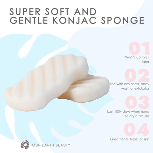Konjac Body Sponge (2 Pack), 100% Natural & Microplastic Free, Non-Toxic, Biodegradable, Eco-Friendly Packaging