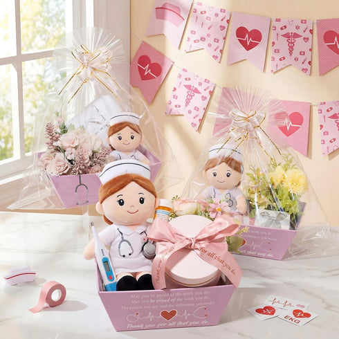 Reallnaive 6 Sets 6 9.8x6.5 Inches 6 10 Nurse Appreciation Empty Gift Baskets with Pcs Thick Kraft Pink Nurses Week