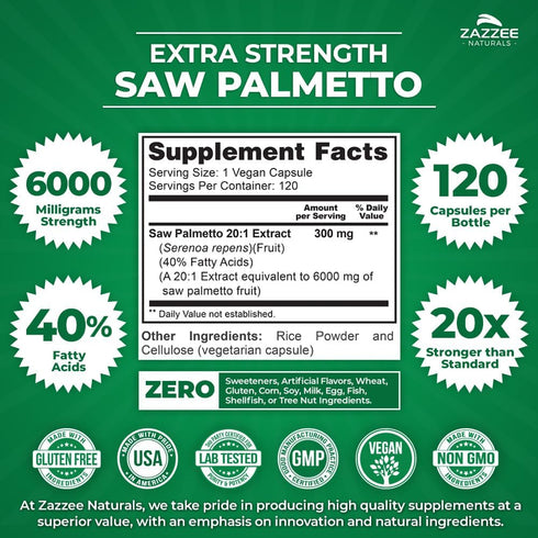 Zazzee Extra Strength Saw Palmetto 20:1 Extract, 6000 mg Strength, 40% Fatty Acids, 120 Vegan Capsules, 4 Month Supply, Concentrated and Standardized 20X Extract, Non-GMO, All-Natural, Made in the USA