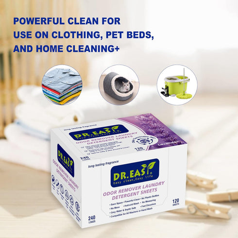 DR.EASY Odor Remover Laundry Detergent Sheets 240 loads Lavender,Easy To Carry Great For Travel,safe for baby & pets,No mess No Dyes biodegradable formula