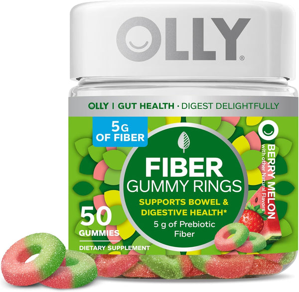 OLLY Fiber Gummy Rings, 5g Prebiotic Fiber, Digestive Support, FOS, Berry Melon, 50ct
