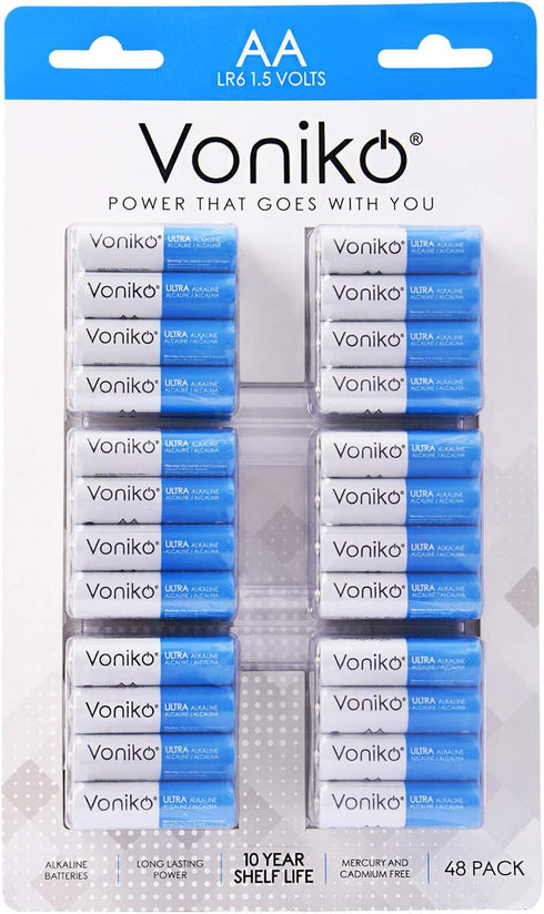 Voniko Premium Grade AA Batteries, 48 Pack - Alkaline Double A, Ultra Long-Lasting, 10-Year Shelf Life