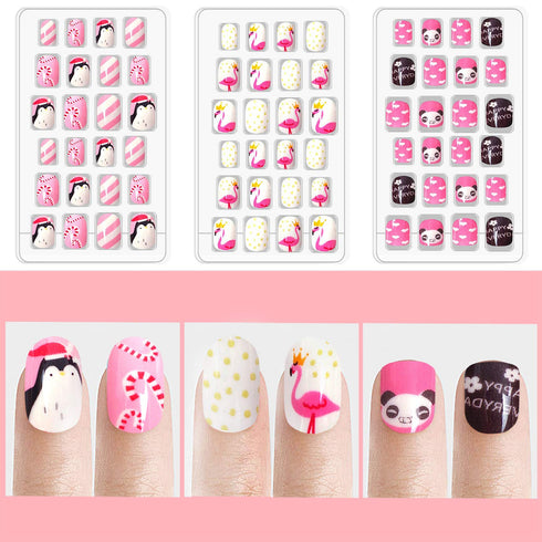 Laza 120pcs Children Nails Girls Press On Artificial Nail Tips, Pre-glue Full Cover Short Cute False Nail Kits