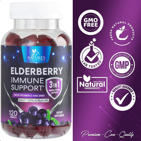 Sambucus Elderberry Immune Gummies, 120 Gummies, Daily Support with Vitamin C, D3, Zinc, Gluten Free Non-GMO