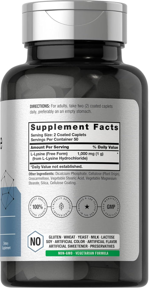 Horbaeach L-Lysine 1000mg | 100 Coated Caplets | Free Form Dietary Supplement | Vegetarian, Non-GMO, and Gluten Free Formula