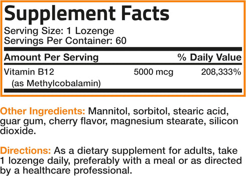 Bronson Methyl B12, 5000 mcg, Vitamin B12 Methylcobalamin, Energy & Brain Support, 60 Lozenges