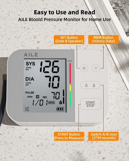 Blood Pressure Monitor for Home Use, AILE 111 Blood Pressure Machine, Adjustable Cuff, Voice Broadcast, Accurate Monitor