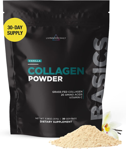 Livingood Daily Collagen Powder for Women & Men, Vanilla, Grass-Fed Hydrolyzed Collagen for Healthy Skin