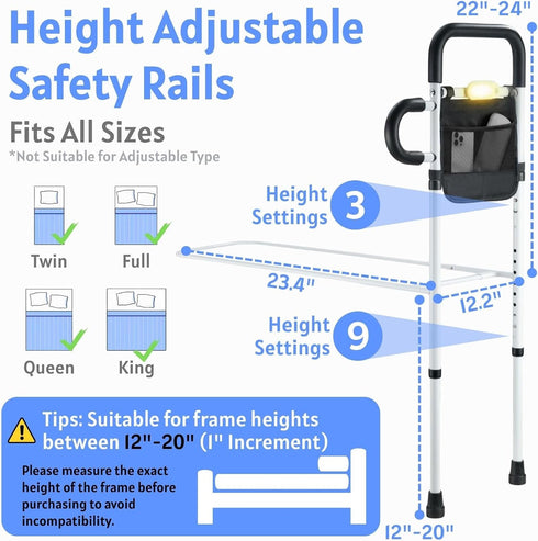 Jesosia Rails for Elderly Adults Safety - Medical Assist Rail with Motion Sensor LED Light & Pouch - Adjustable Cane