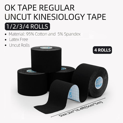 OK TAPE Regular Kinesiology Tape (4 Pack) - Original Cotton Athletic Tape for Muscle Joint Support, Black