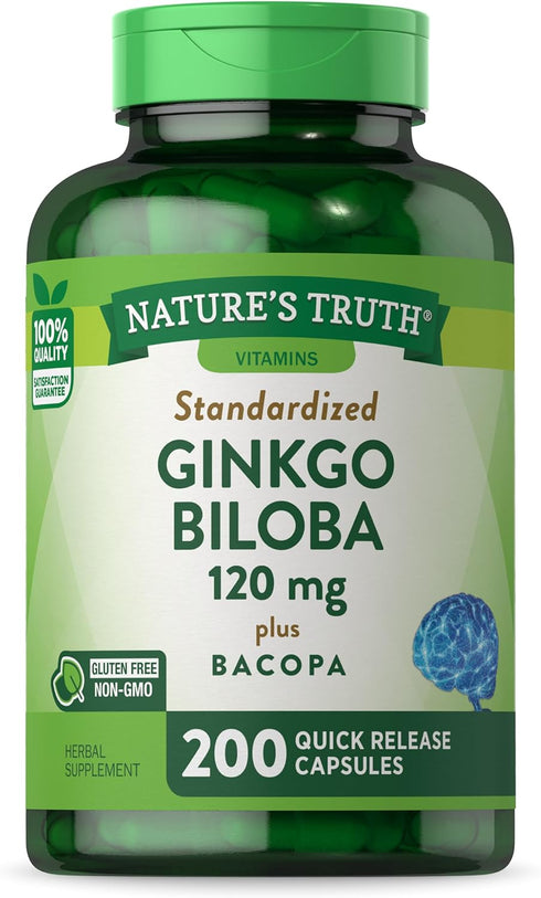Nature's Truth Ginkgo Biloba 120mg plus Bacopa - 200 Quick Release Capsules, Standardized Extract, Non-GMO and Gluten