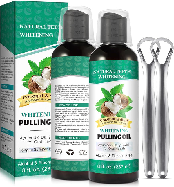 Coconut Mint Oil Pulling, 2 Pack Whitening Mouthwash for Teeth and Gums with Tongue Scraper & Measuring Cup