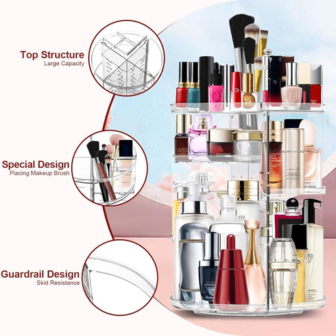 Makeup Organizer 360 Rotating Cosmetic Organizer DIY Adjustable Makeup Carousel Spinning Holder Rack, Large Capacity Cosmetic Storage Box Makeup Brushes Organizer for Vanity Countertop (Clear) by MISERWE
