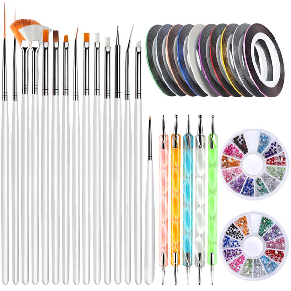 Teenitor Nail Art Brushes, 3D Nail Art Painting Kit with 15 Gel Brushes, 5pcs Dotting Pen, 12 Colors Rhinestones