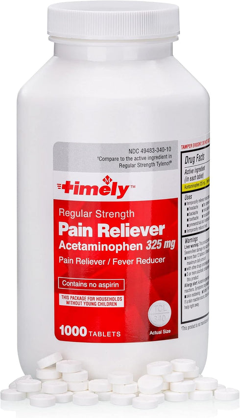 Timely Acetaminophen 325 MG Tablets, 1000 Count - Regular Strength Pain Relief for Menstrual Cramps & Fever