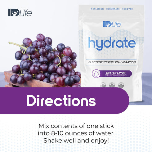 IDLife Hydrate - Grape Instant Hydration Packets with Essential Electrolytes, Antioxidants, Vitamins - 15 Sticks
