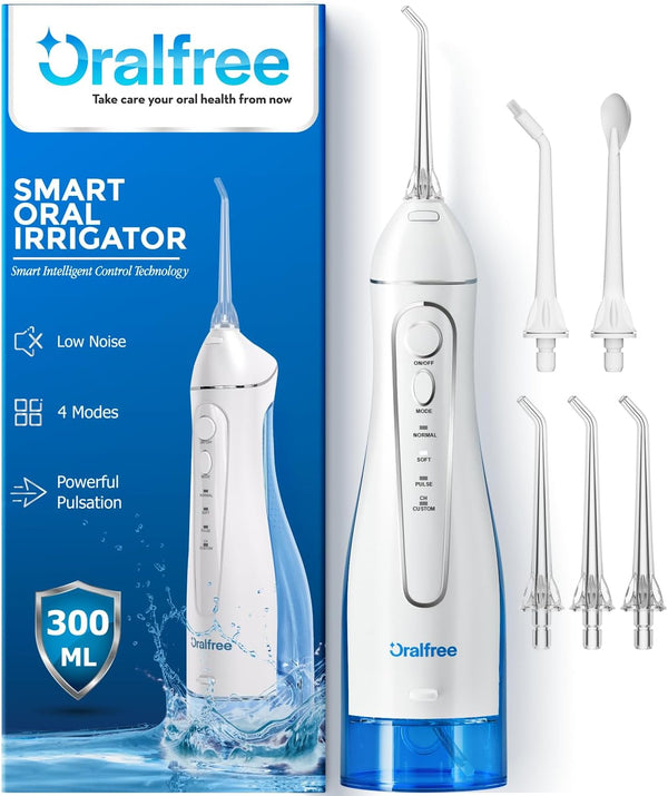Oralfree Water Dental Flosser Cordless - 4 Modes Oral Irrigator, 300ML Rechargeable Portable IPX7 Waterproof