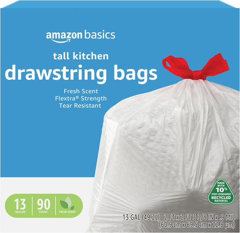 Amazon Basics Flextra Tall Kitchen Drawstring Trash Bags, 13 Gallon, 90 Count, Clean Fresh Scent, 10% Recycled Content