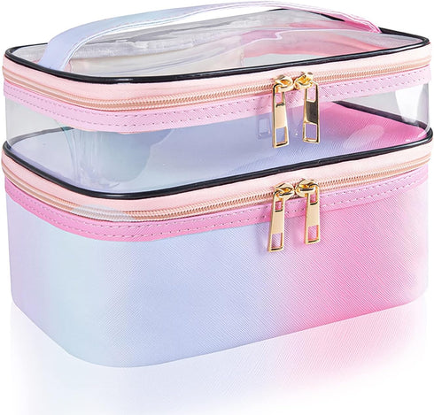 Travel Makeup Bag, Portable Waterproof Cosmetic Bag for Women, Foldable Makeup Cases (Rainbow Pink)