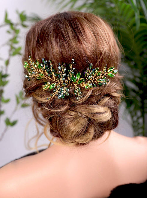 Kercisbeauty Bride Hair Accessories - Green Crystal Hair Vine, Gold Headband for Vintage Wedding