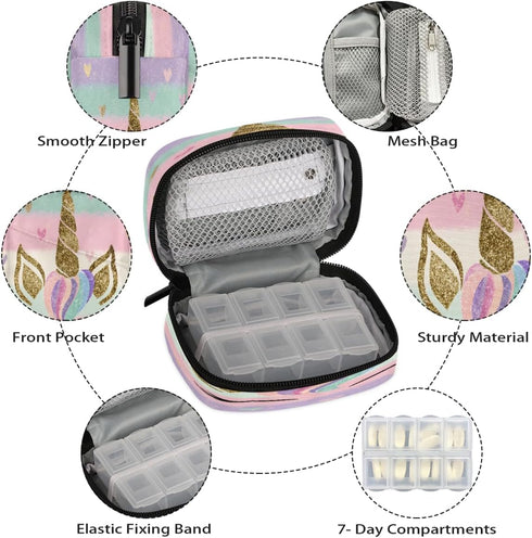 Skerhhux 7 Cute Purple Unicorn Pill Case Travel Pill Organizer Weekly Day Portable with Zipper Medicine Box Pill Case