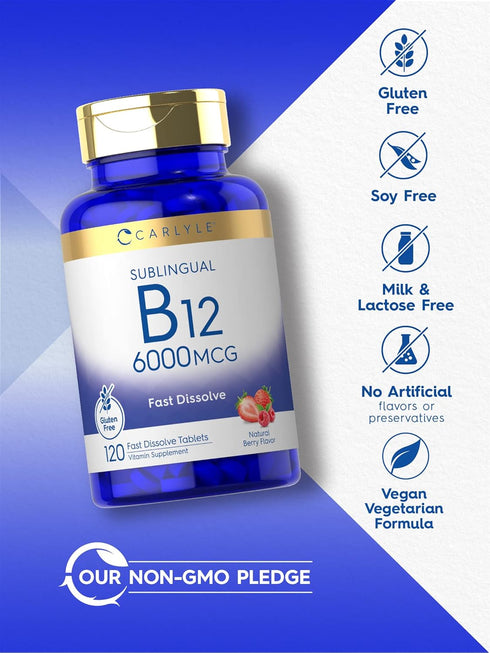 Carlyle Vitamin B-12 6000mcg | 120 Fast Dissolve Tablets | Natural Berry Flavor | Vegetarian, Non-GMO, Gluten Free