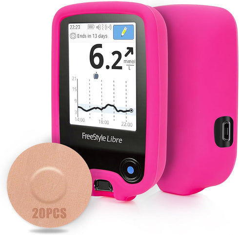 YOUSHARES Silicone Case for Libre 2 Reader with 20 Packs Sensor Covers, Waterproof Anti-Drop Protective Case (Pink)