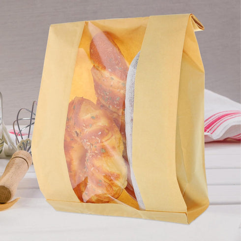 Packaging 100pcs GLEAVI Kraft Paper Bread Bags with Window, Oil-proof Toast Bags Large Yellow Baking Pastry Storage