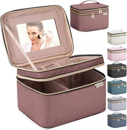 Large Makeup Bag with Mirror, Double Layer Travel Organizer Case, High Capacity Cosmetic Bag with Brush Slot Divider