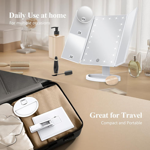Makeup Mirror Vanity Mirror with Lights, 2X 3X 10X Magnification, Touch Control, Portable LED Makeup Mirror