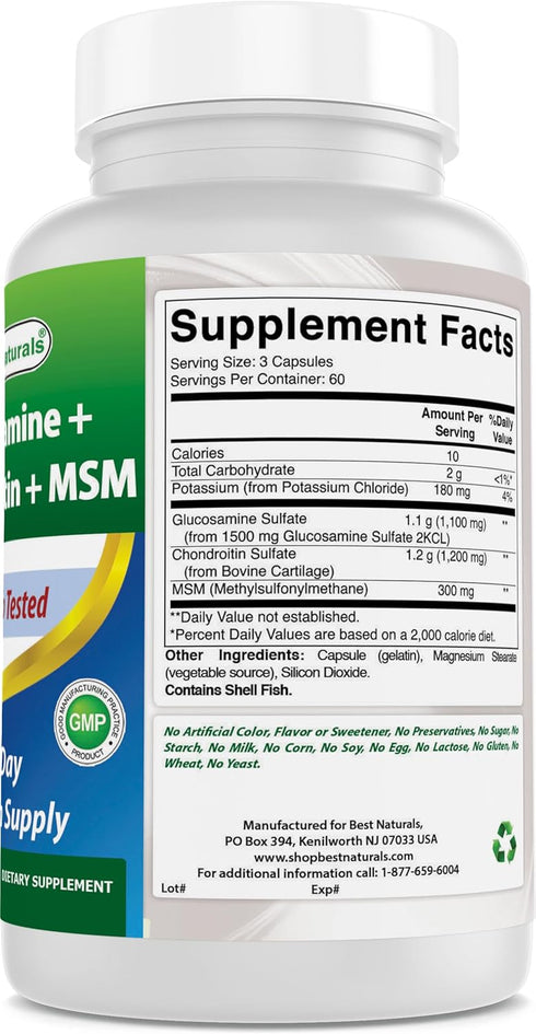 Best Naturals Glucosamine Chondroitin and MSM Joint Supplements, 2600 mg per serving, 180 Count (Pack of 2)