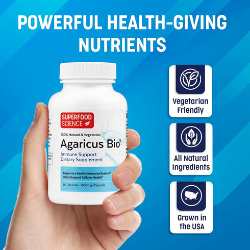 Agaricus Bio 600 mg Wellness Formula - Organic Agaricus Blazei Murill Mushroom Pills for Immune Support, 60 Caps