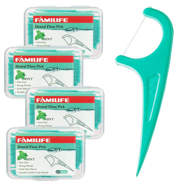 FAMILIFE 240 Count Mint Floss Picks, Dental Floss Cleaner with 4 Travel Cases, Helps Fight Tooth Decay