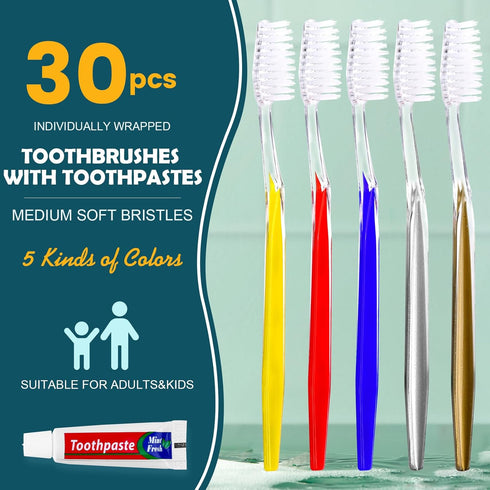 30 PCS Individually Wrapped Bulk Toothbrushes with Toothpastes, Colorful Manual Disposable for Adults or Kids