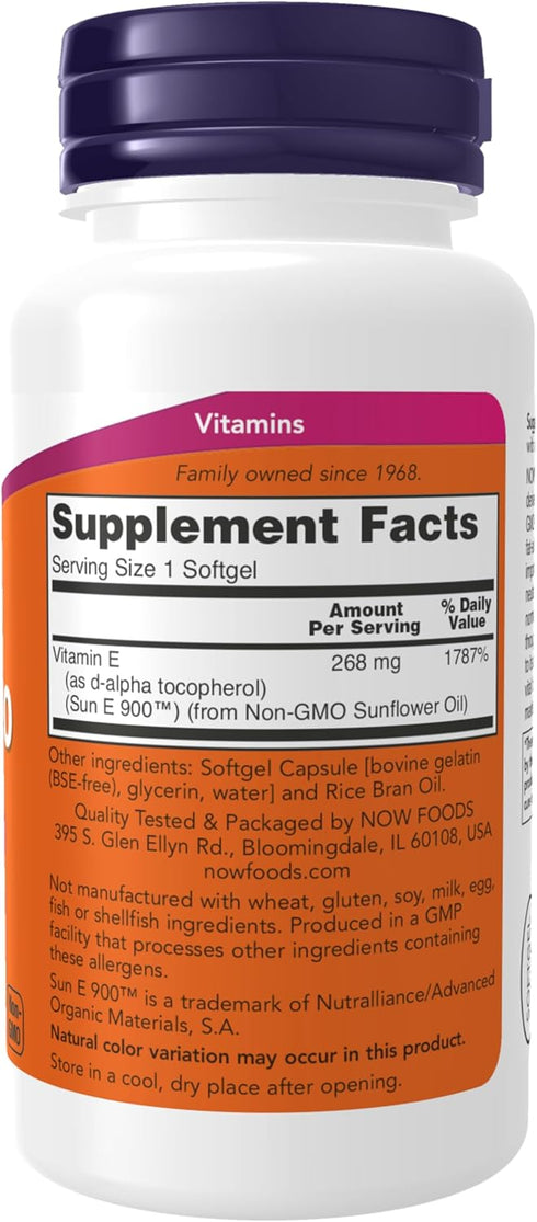 NOW Supplements, Sun-E™ 400 IU with d-alpha Tocopherol from Non-GMO Sunflower Oil, 60 Softgels