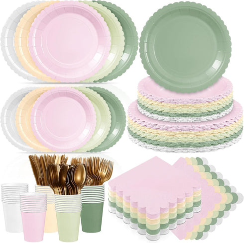 Zhehao 175 Pcs Pink and Sage Green Style Party Supplies Set Pink and