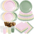 Zhehao 175 Pcs Pink and Sage Green Style Party Supplies Set Pink and