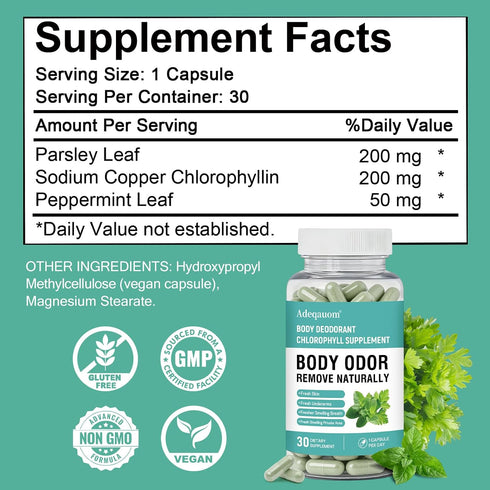 Non-GMO-30 Chlorophyll Capsules Internal Body Deodorant Supplement for Women and Men for Gut Health, Fresh Breath, Skin