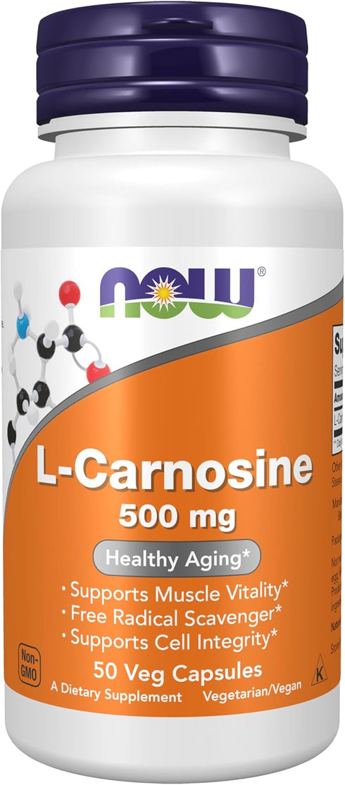 NOW Supplements L-Carnosine 500 mg, 50 Veg Capsules, Healthy Aging