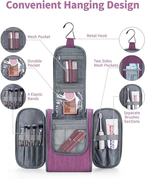 Narwey Small Hanging Toiletry Bag for Women, Travel Makeup Organizer for Toiletries, Medium, Dark Purple