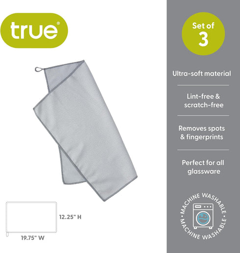 Set 3 True Microfiber Towels, Wine Glass Polishing Cloths, Streak Free Microfiber Cloth and Lint Free Towels, Grey