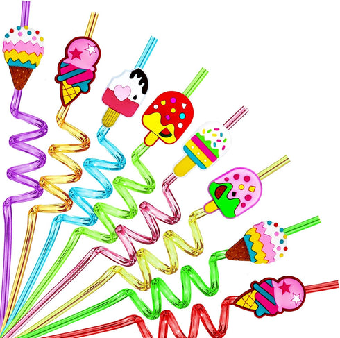 24PCS Reusable Ice Cream Drinking Straws for Kids Birthday Party Favors, Includes 2 PCS Cleaning Brushes (Ice Cream)
