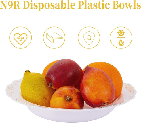 N9R 30 Pack Disposable Soup Bowls, 12 Oz Fancy Plastic Bowls with Gold Relief for Parties, Weddings, Everyday Use