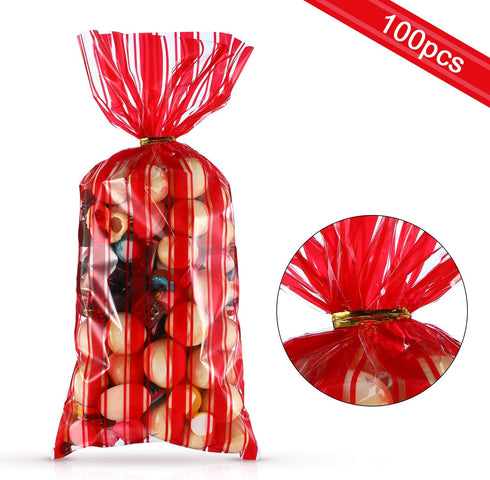 Blulu 100 Pcs Halloween Plastic Carnival Circus Party Treat Bags - Red and White Stripe Printed Clear Cellophane with