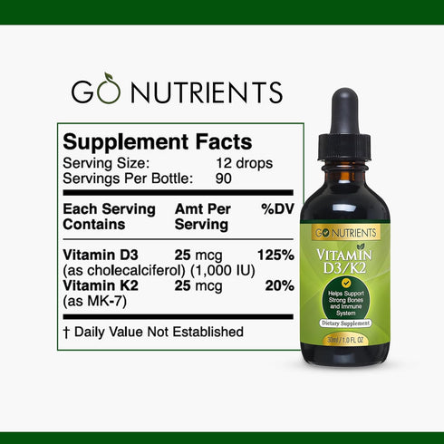 Go Nutrients Vitamin D3 K2 Drops, Liquid VIT D Supplement for Adults & Kids, 1 oz, 90 Servings