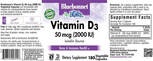 Bluebonnet Nutrition Vitamin D3 2000 IU Vegetable Capsule, Aid in Muscle and Skeletal Growth, Cholecalciferol from Lanolin, D3, Non GMO, Gluten Free, Soy Free, Milk Free, Kosher, 180 Vegetable Capsule