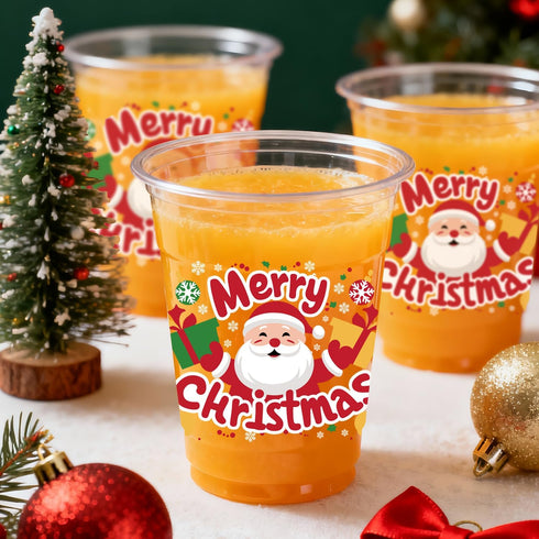 Jhfinely 50 12 oz Pcs Christmas Party Cups, Merry Christmas Clear Plastic Cups, Santa Claus Disposable Drinking Cup