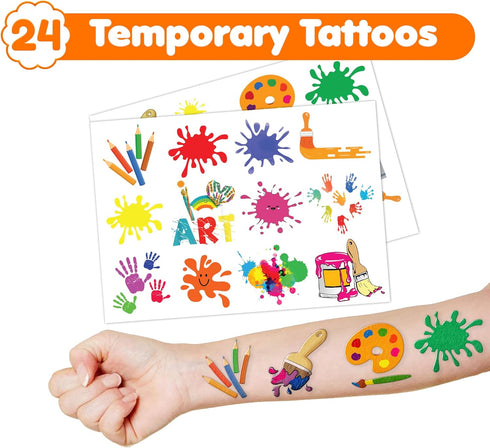 48PCS Art Party Favors: 24 Tattoos, 24 Slap Bracelets, Themed Birthday Supplies, Gifts for Girls Boys