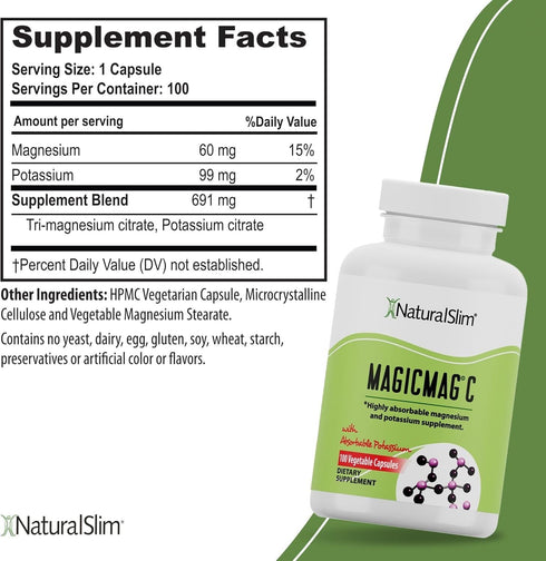 NaturalSlim Potassium Magnesium Supplement, 100 Capsules - MagicMag C for Sleep Support & Heart Health